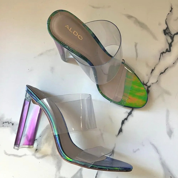 Aldo Shoes - ALDO PVC Clear Double Strap Green Iridescent Mermaid Sandal Heels Size 8.5